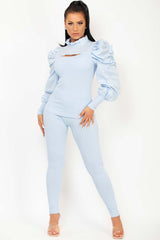 ruched puff sleeve ribbed cut out front loungewear set