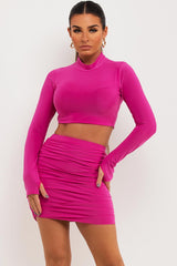 slinky ruched mini skirt and top co ord