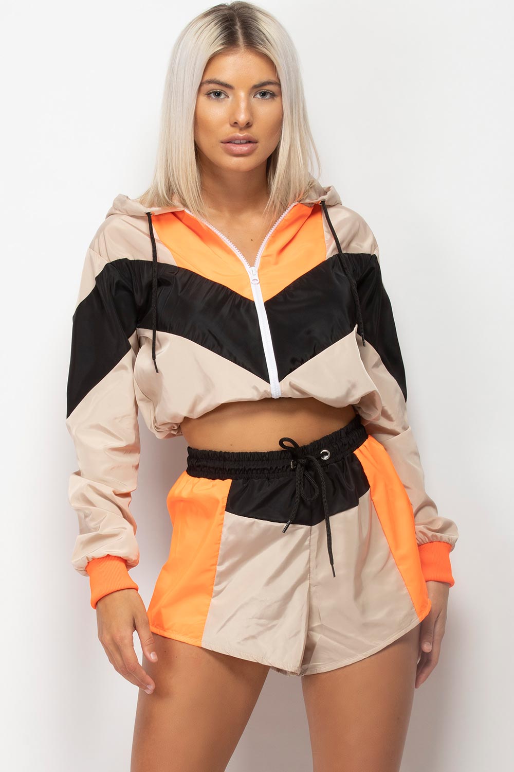 Stone Colour Block Hooded Shell Suit