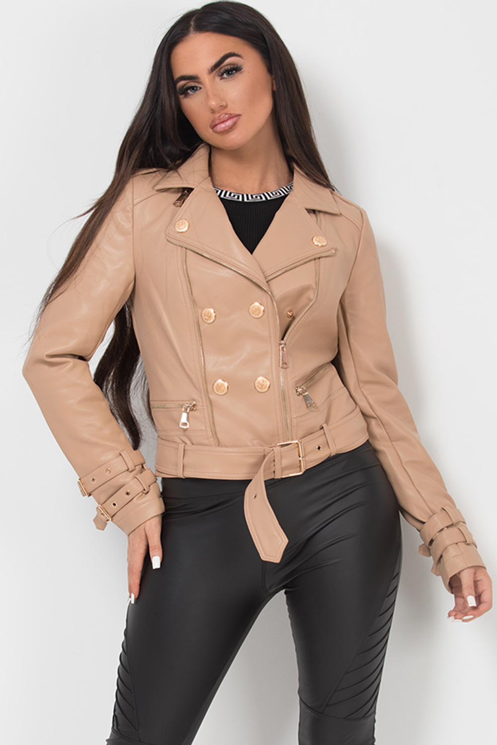 vegan leather jacket with gold buttons