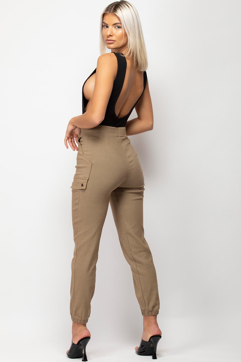 Womens Stone High Waisted Cargo Trousers Petite Slim Fit