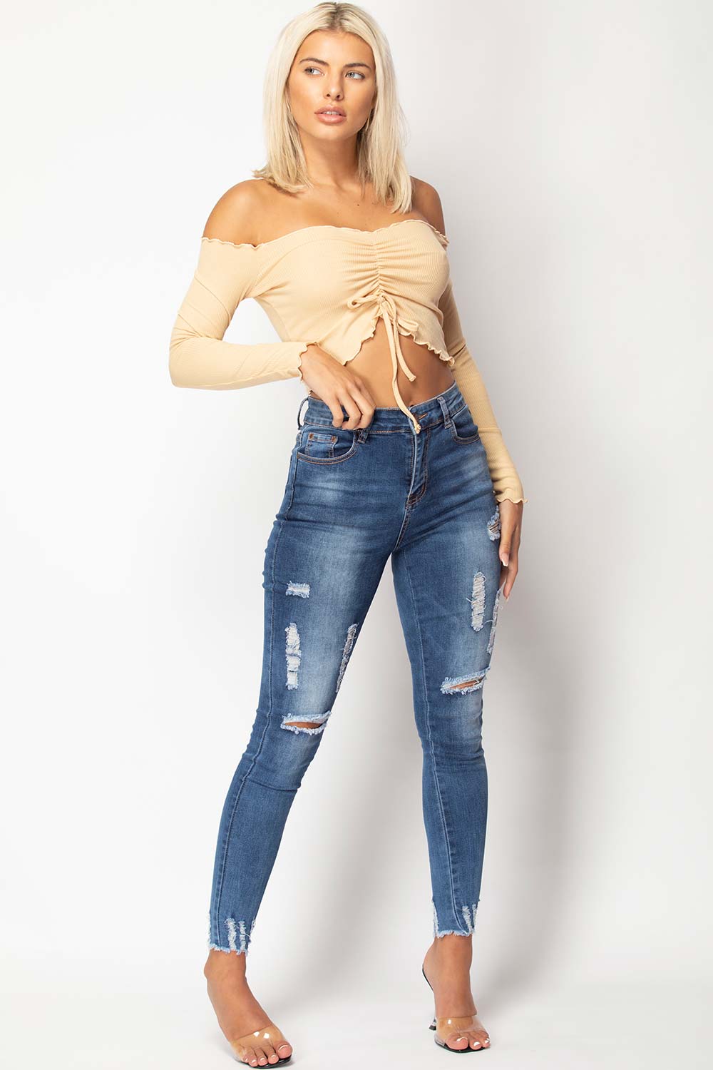stone long sleeve ruched detail crop top 