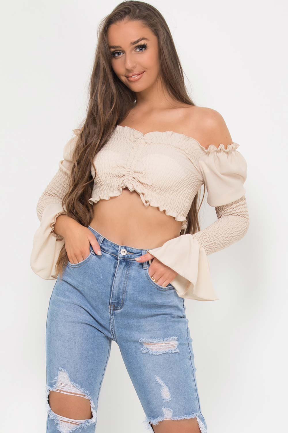 shirred ruched front crop top stone