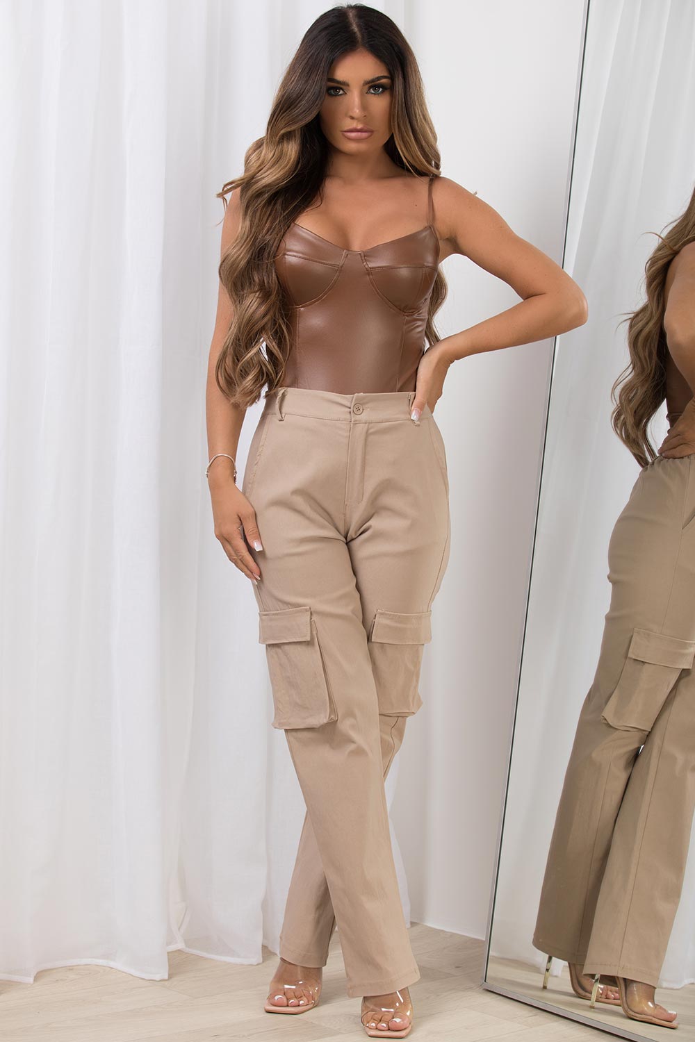 womens cargo trousers with side pockets high waisted sale uk