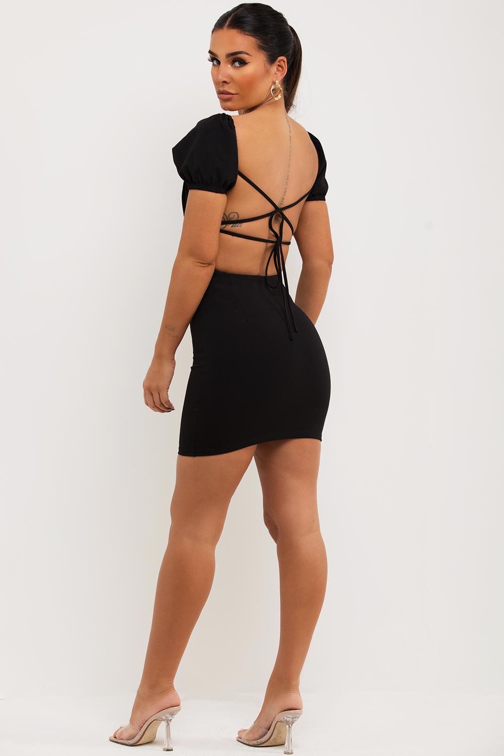 Backless Strappy Short Bodycon Dress Black –