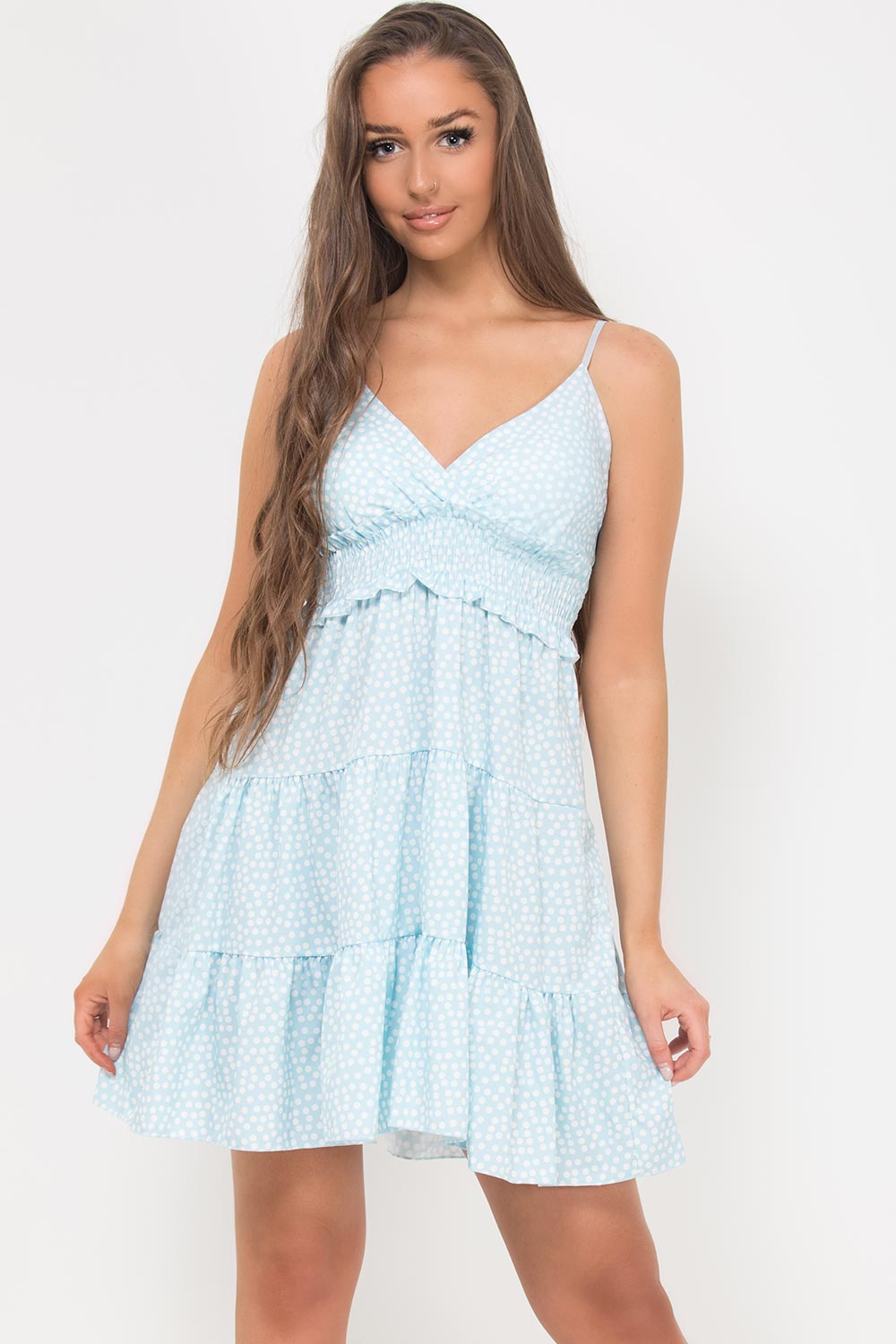 blue strappy tiered skater dress