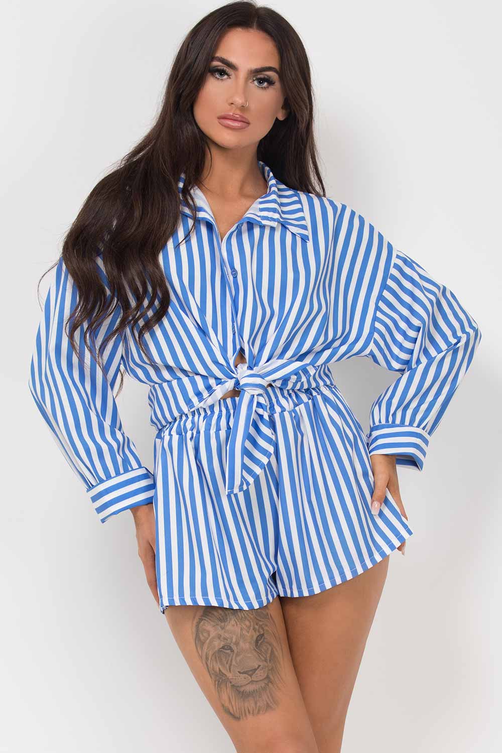 blue stripe shirt and shorts set womens