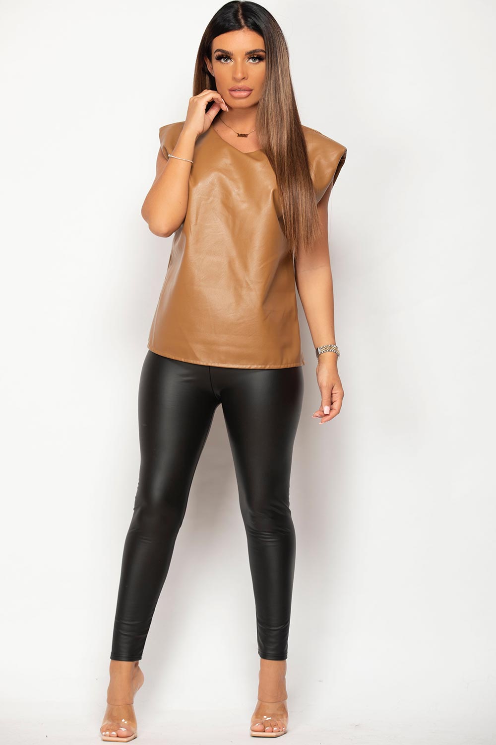 padded shoulder faux leather top tan 