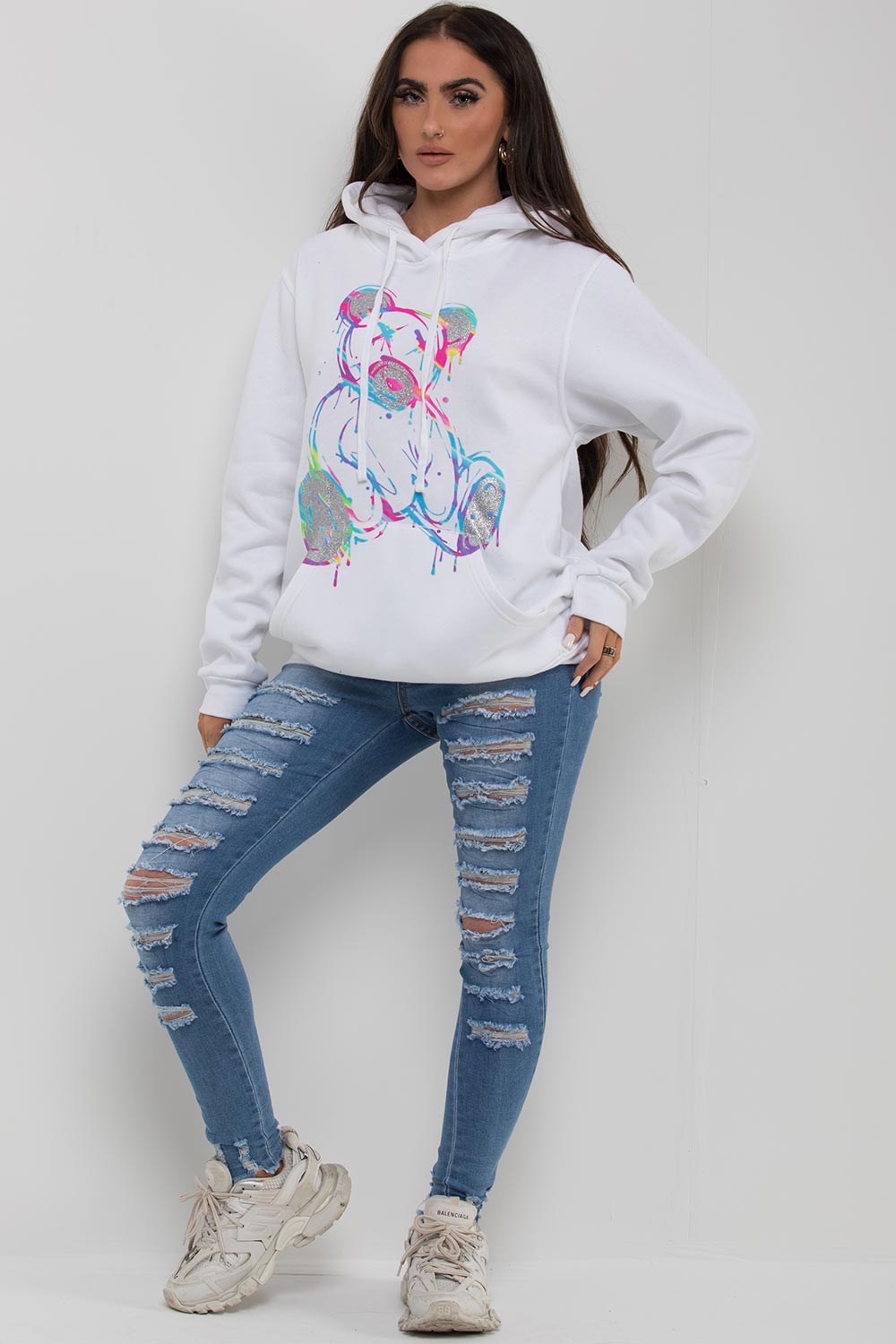 white hoodie with teddy bear graphic