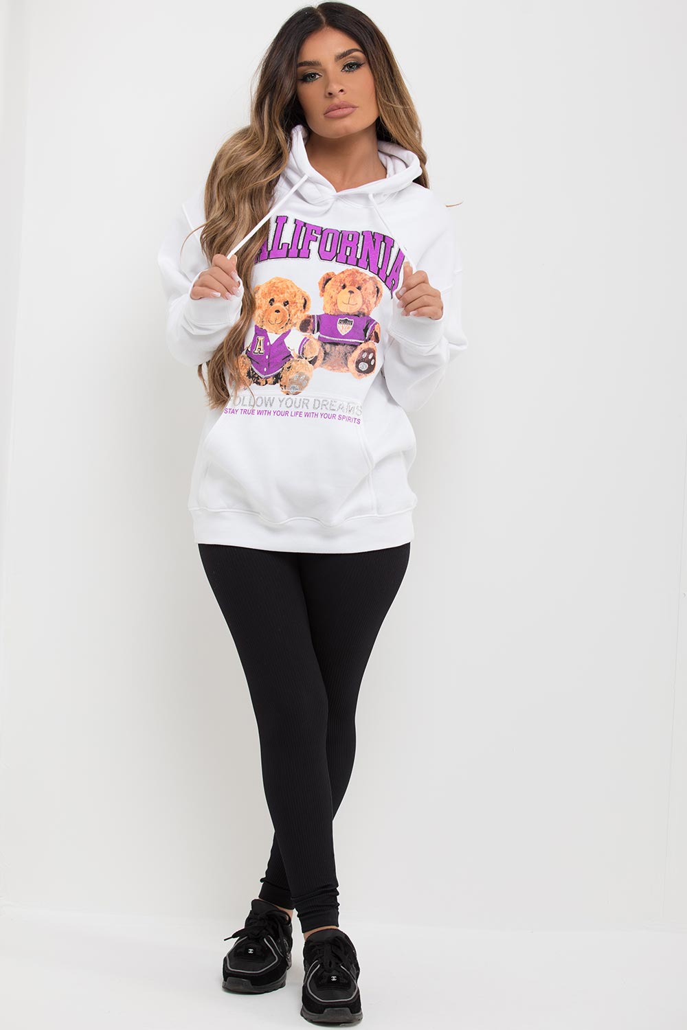 teddy hoodie with california follow your dreams graphic print