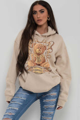 teddy bear mischief print oversized hoodie beige