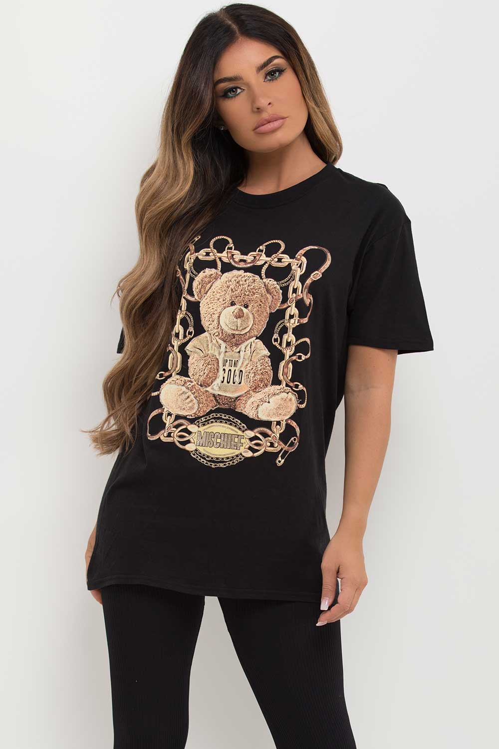 womens teddy bear mischief slogan t shirt oversized