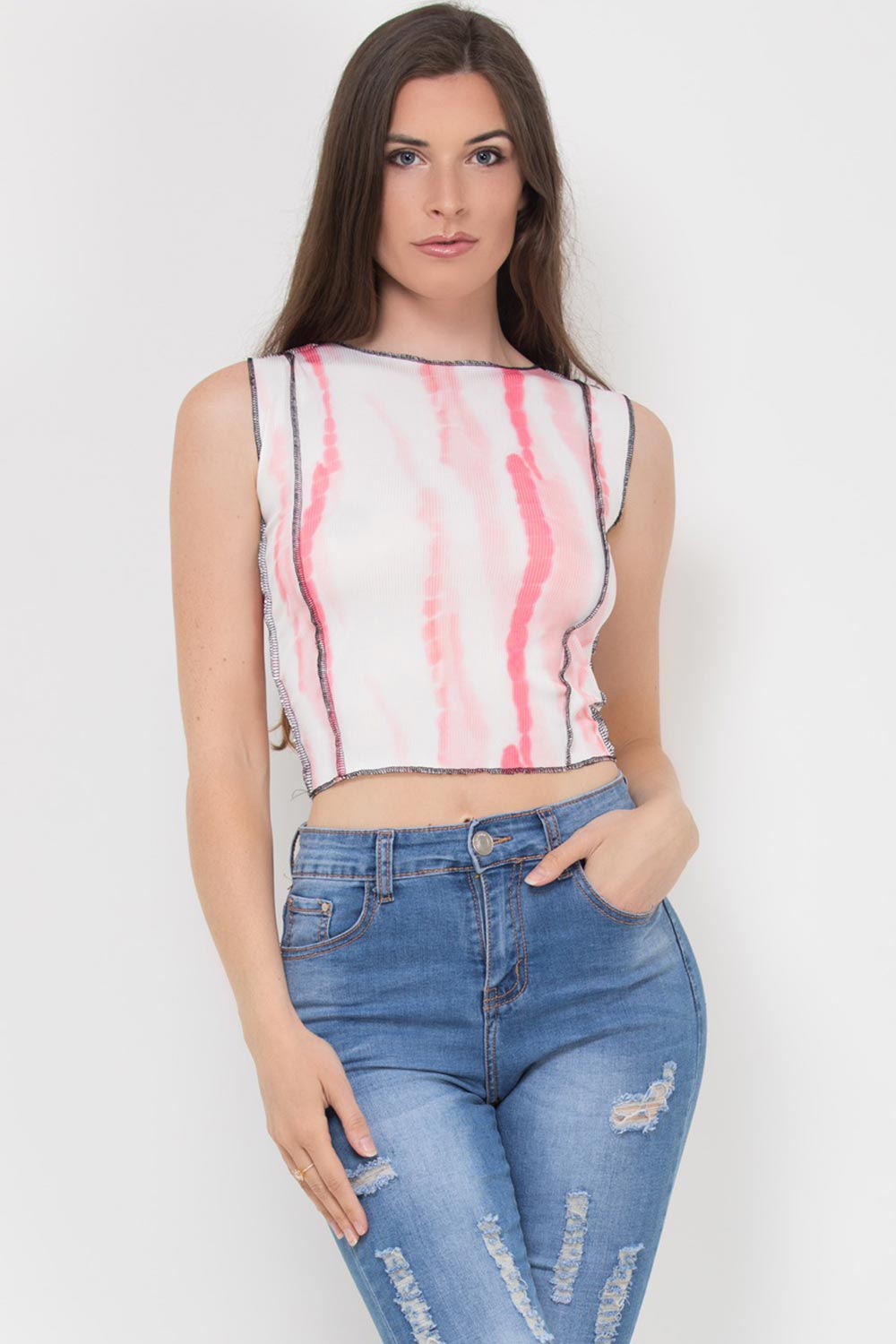 pink tie dye ribbed crop top with stitch detail