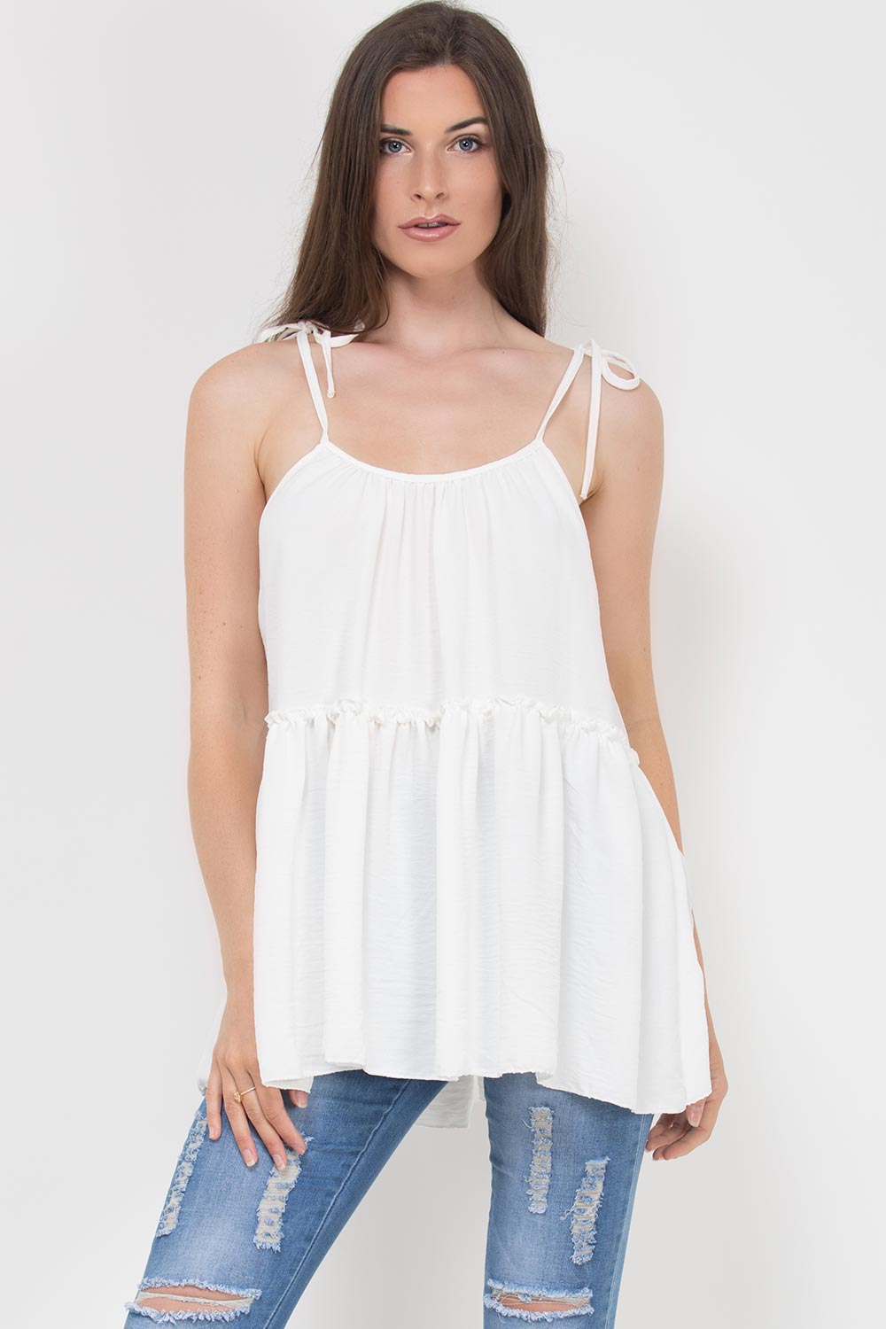 strap knot layered smock top cream