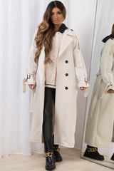 womens tie waist trench coat with button up military style oversized