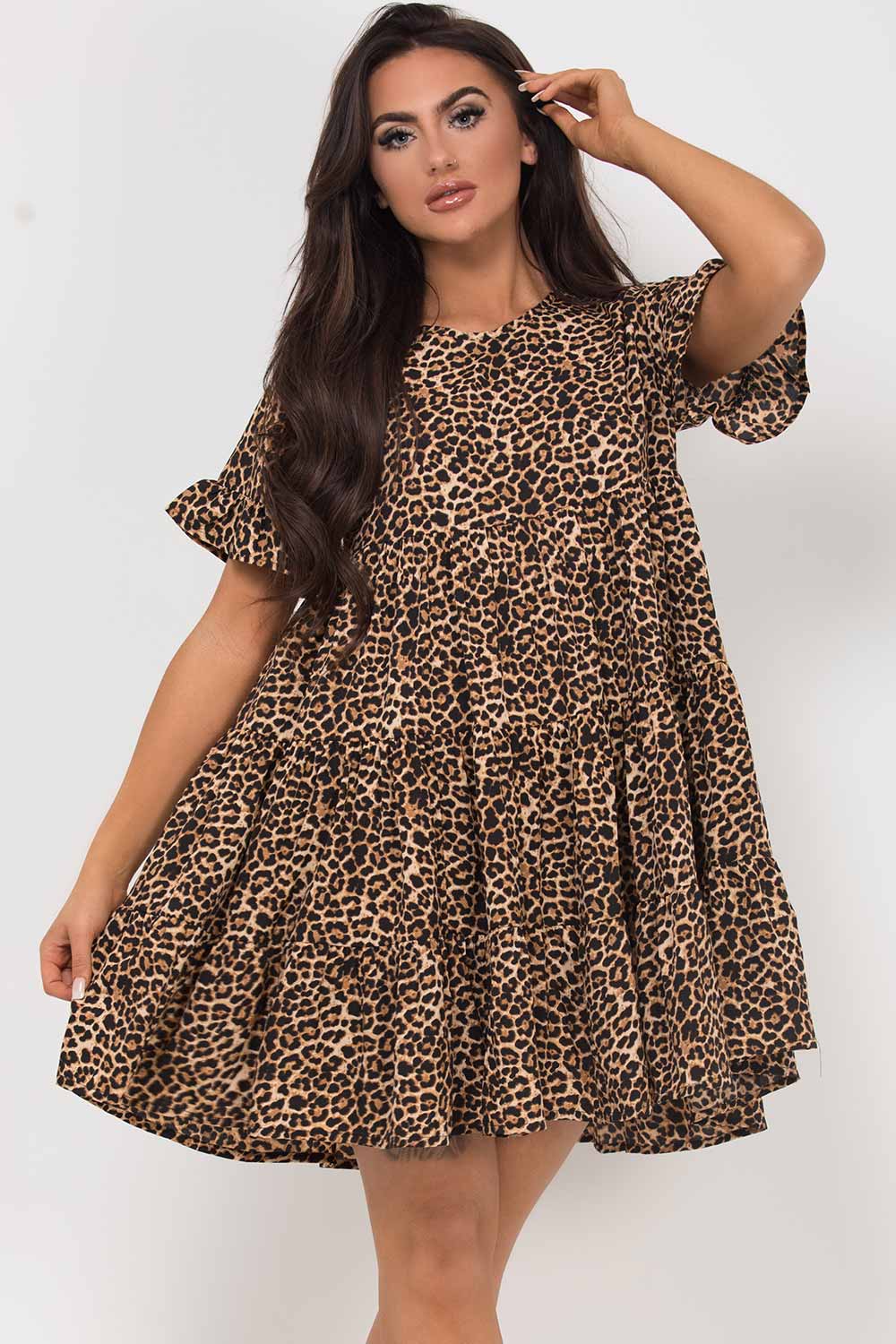 leopard print smock tiered layered dress on sale