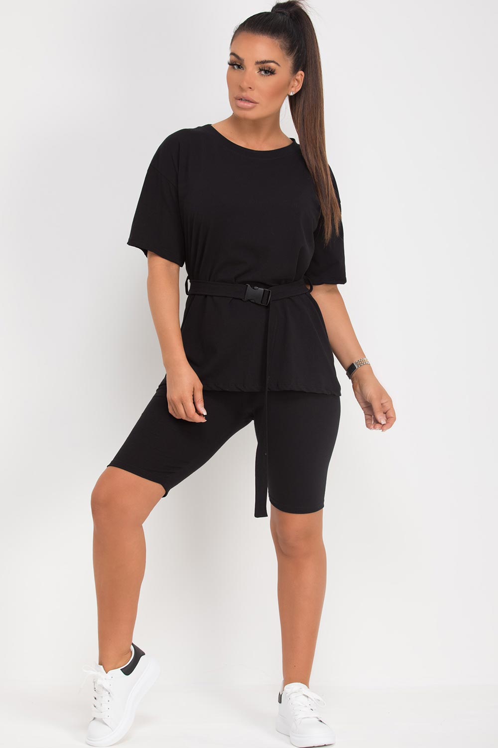 Women's Cycling Shorts & Oversized Top Set With Utility Belt Black Co-Ord –