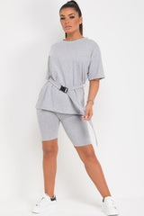grey oversized top with utility belt cycling shorts set 