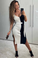 two tone knitted waist belt midi bodycon dress black and beige
