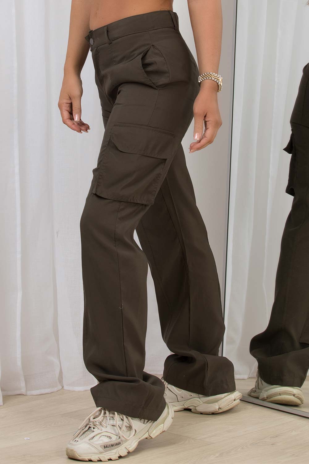 Stone Straight Leg Cuffed Pocket Cargo Trousers Laya  Femme Luxe  SilkFred