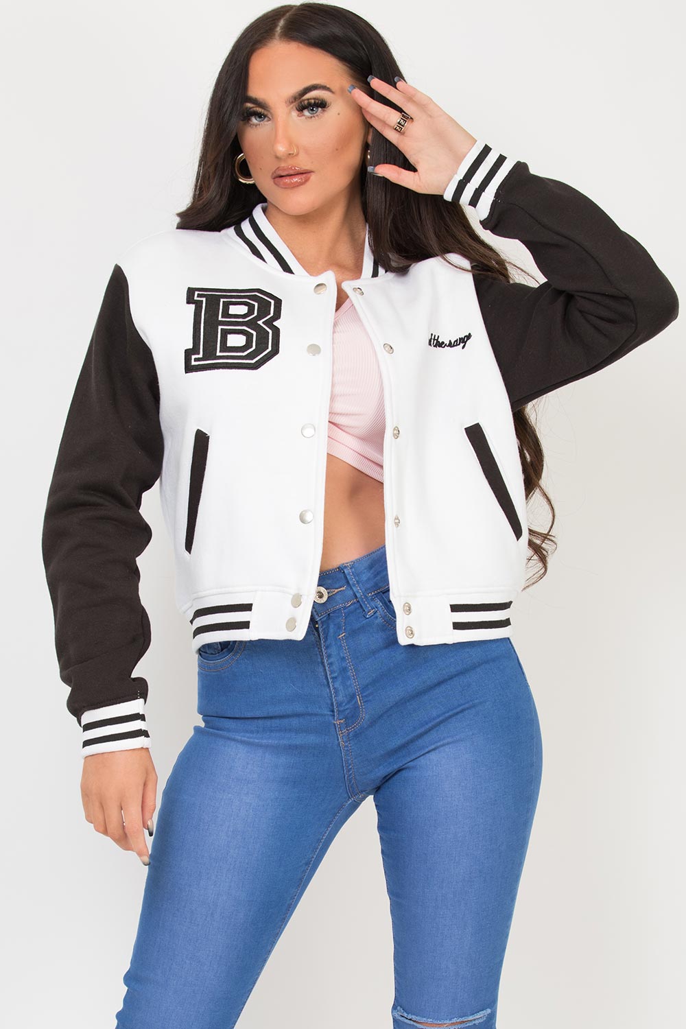 thumbnail image 2 of Calvin Klein Fauxleather Colorblock Bomber Jacket In White 2 of 14