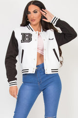 womens bomber baseball varsity cropped jacket with letter b