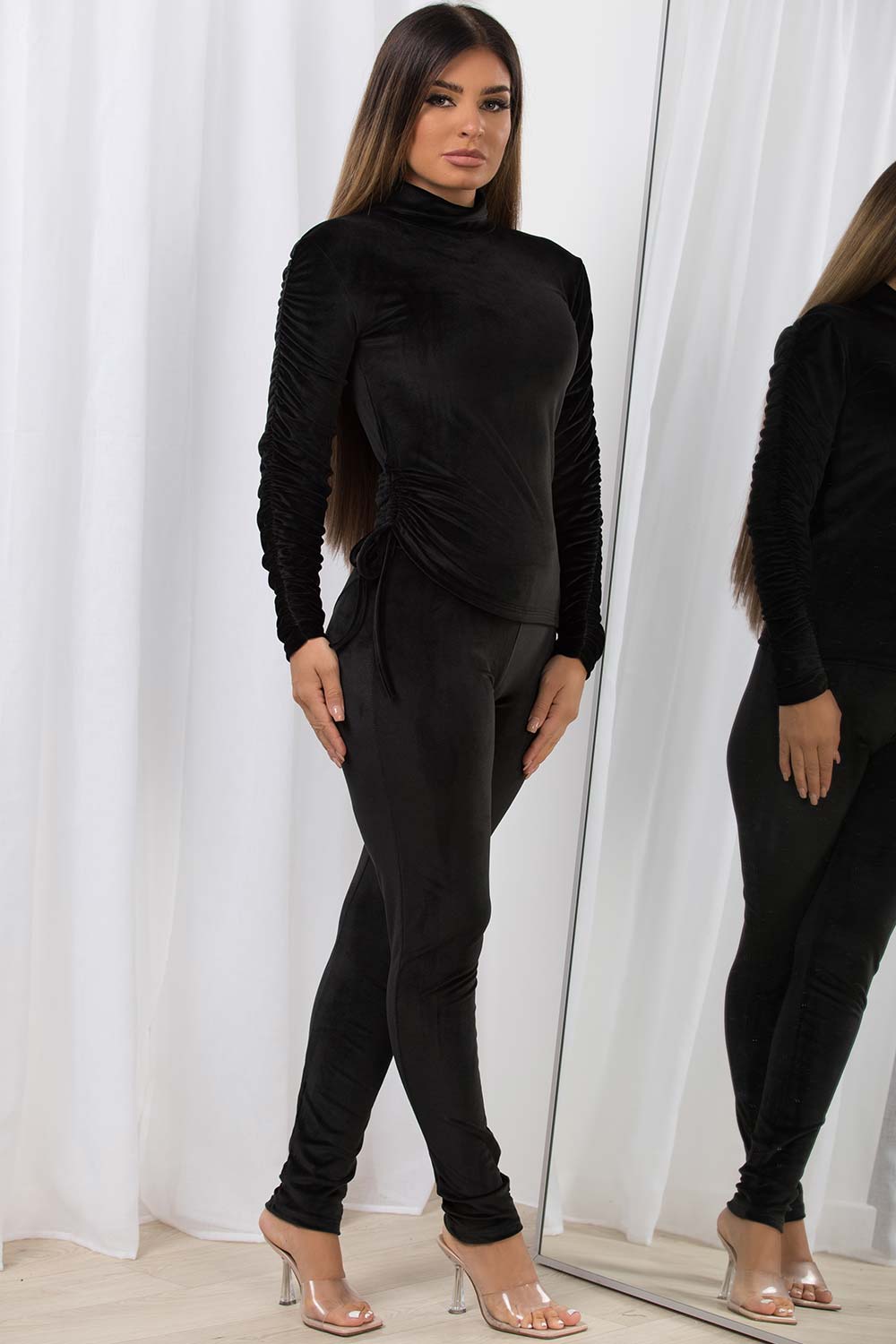 black velour set with ruched sleeves and sides