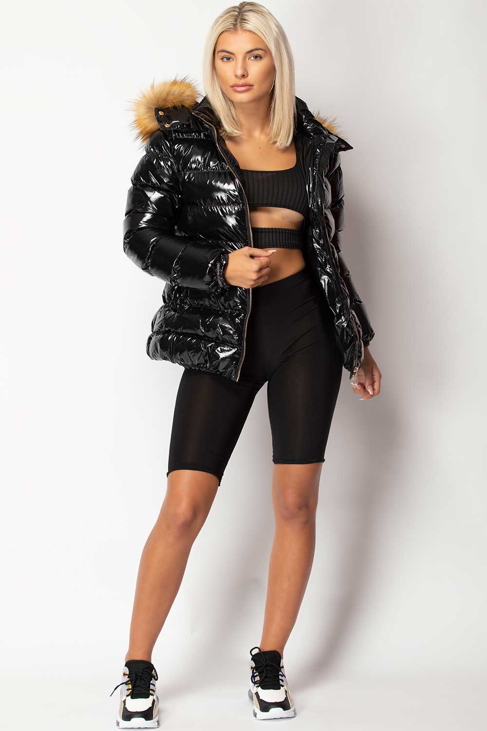 womens black wetlook puffer coat fur hooded 
