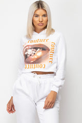 White Couture Graphic Slogan Cropped Hoodie