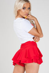 red high waisted frill shorts