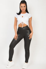 white crop top with ruched cut out front