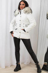 faux fur hooded padded puffer jacket with belt white
