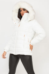 fur hood belted puffer jacket white