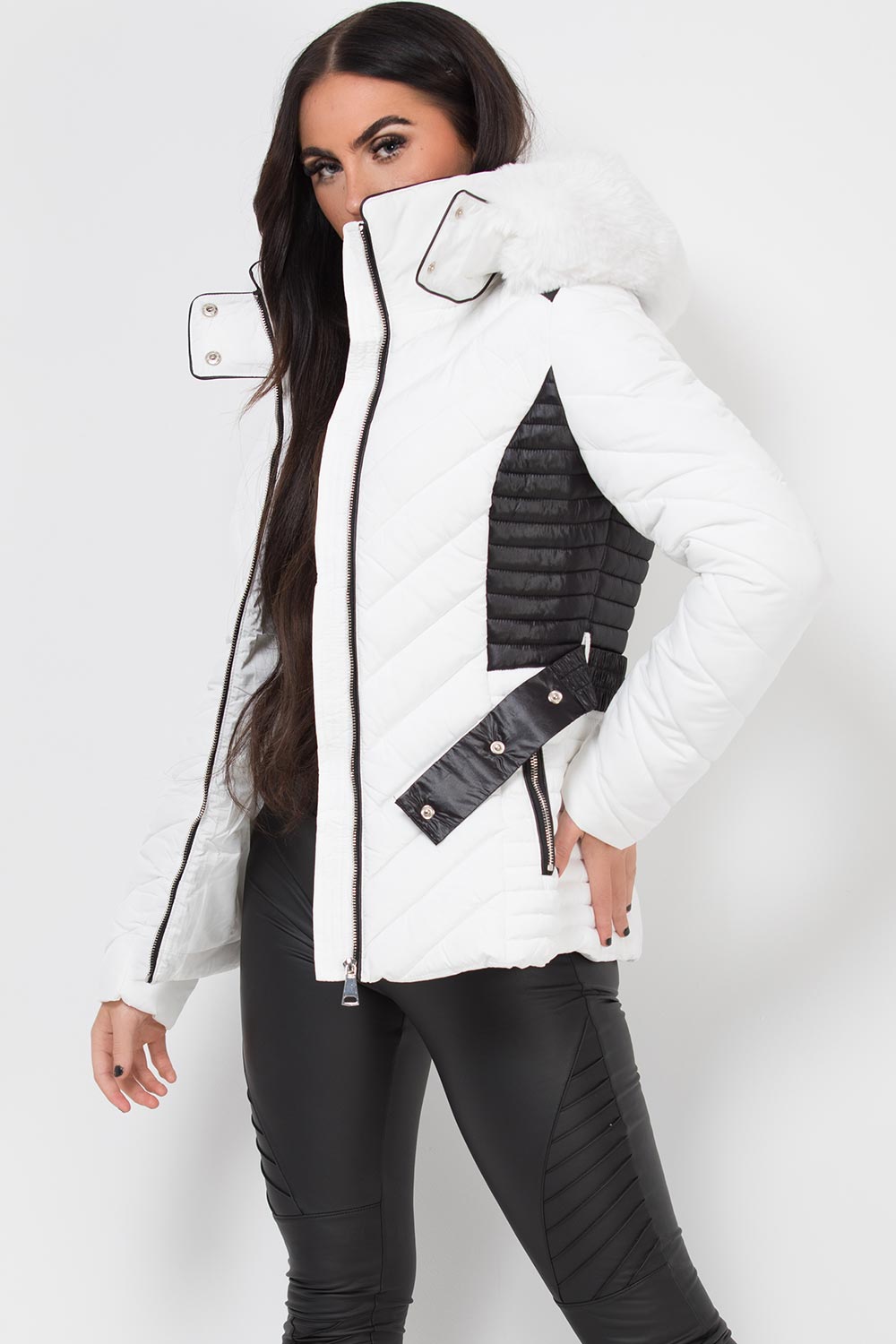 fur hood puffer padded quilted coat with belt