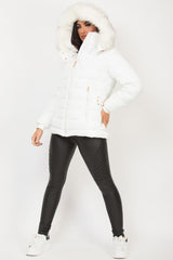 white fur hooded puffer jacket womens