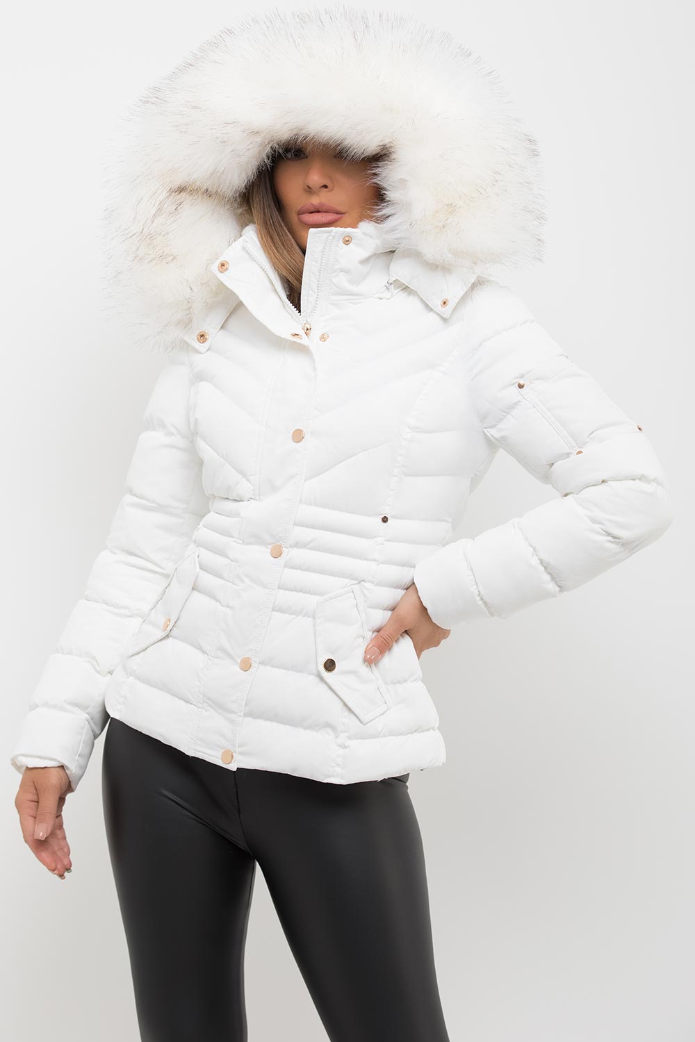 white puffer jacket with big faux fur hood uk