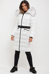 womens long puffer coat with white fur hood