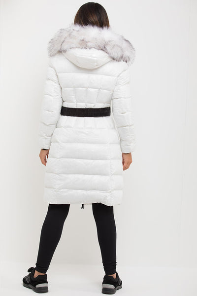 Women's White Long Puffer Padded Jacket With Faux Fur Hood & Belt ...