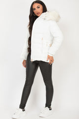 white puffer padded jacket with faux fur hood