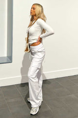 womens white utility cargo trousers with high waist