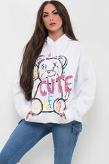 teddy bear graphic oversized hoodie white