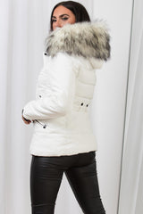 white faux fur hooded puffer jacket with belt