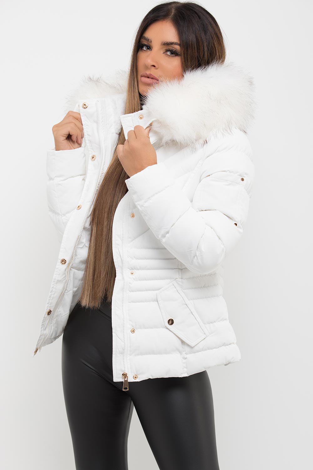 womens white puffer jacket with faux fur hood
