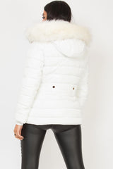 womens white puffer jacket with faux fur hood