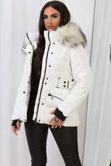 white padded puffer jacket with faux fur hood