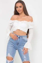 white ruched gathered front flare sleeve crop top white