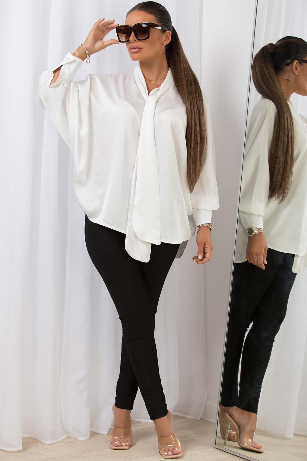 white long sleeve pussy bow blouse