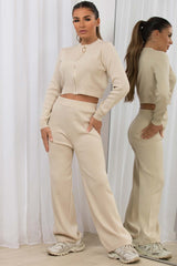 ribbed wide leg lounge set beige