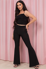 Black Ruched Bum Slinky Flared Trousers