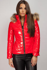 red puffer jacket with fur hood